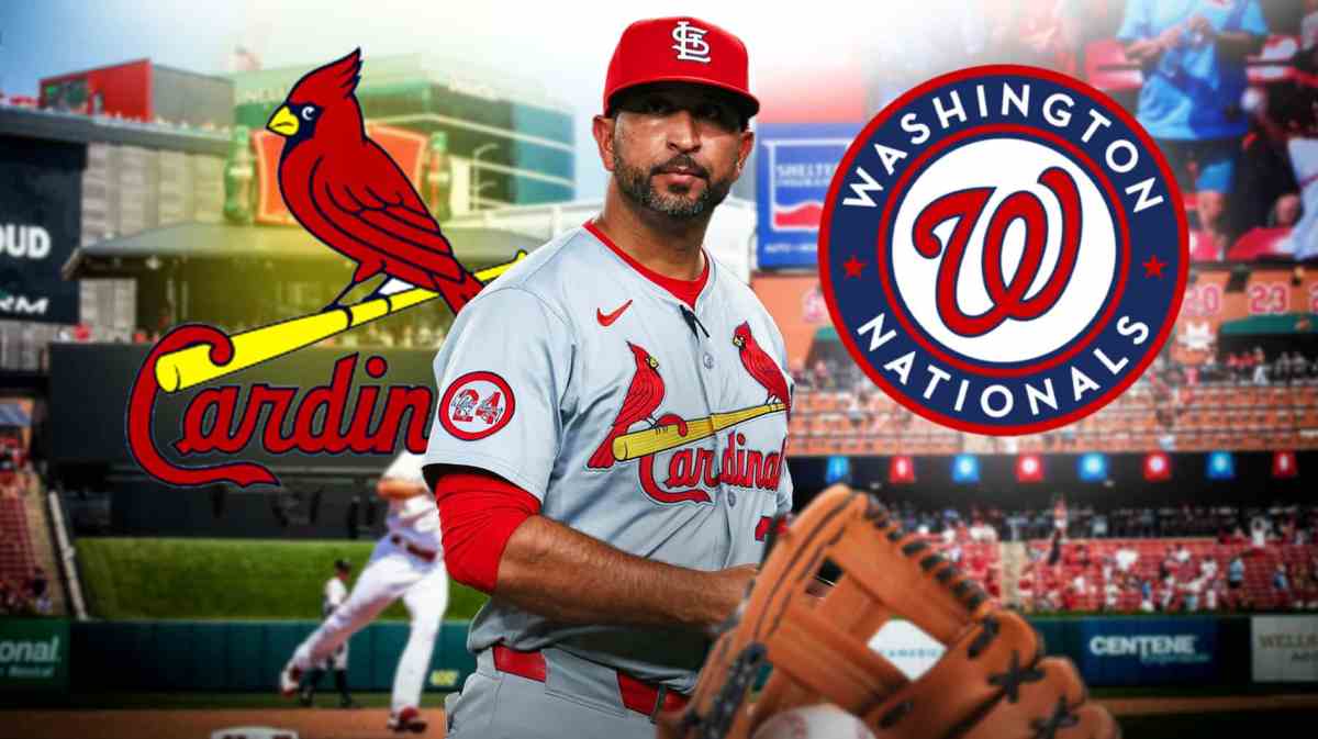 Cardinals' Oliver Marmol stands next to Nationals logo