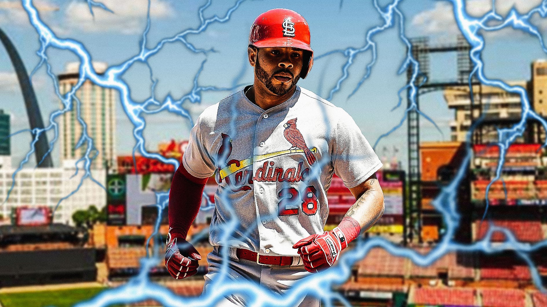 Cardinals' Tommy Pham with waves of electricity around him, Busch Stadium in back