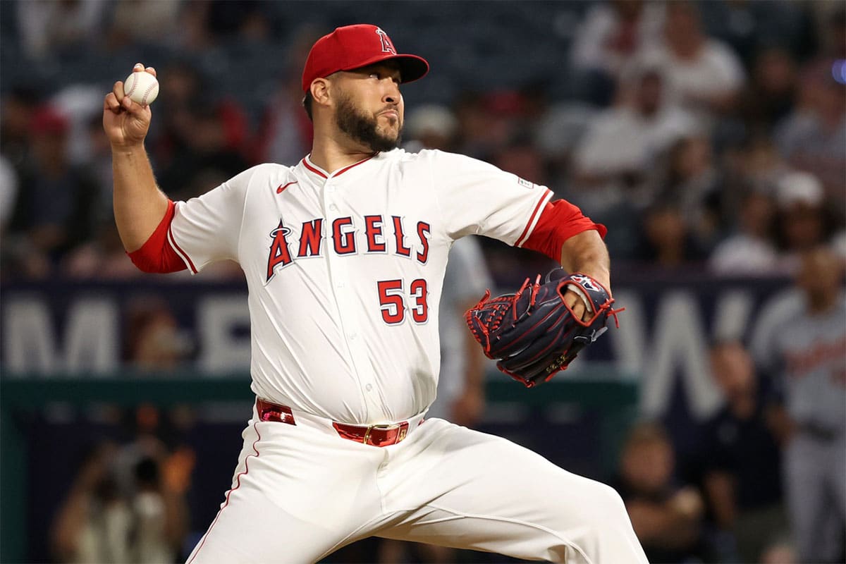 Los Angeles Angels relief pitcher Carlos Estevez (53) pitches during the ninth inning against the Detroit Tigers at Angel Stadium.