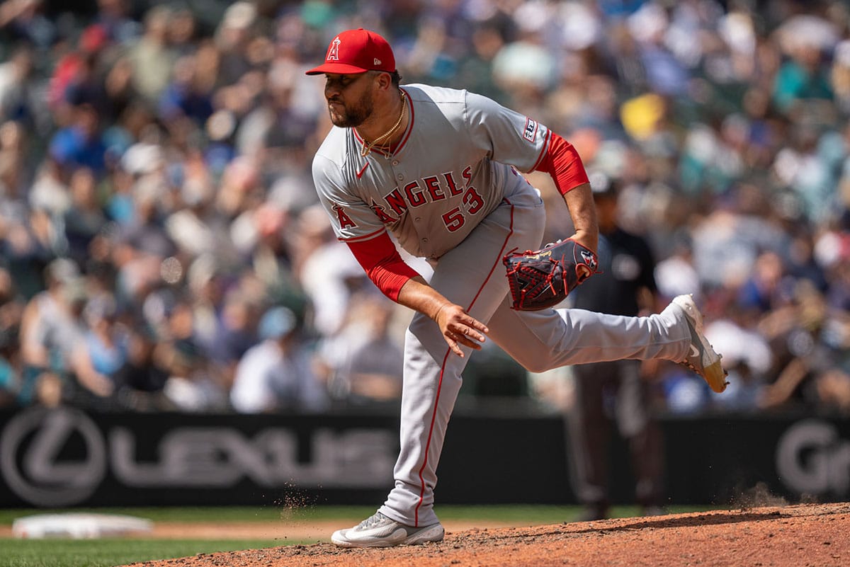  Los Angeles Angels reliever Carlos Estevez (53) delivers a pitch during the ninth inning against the Seattle Mariners at T-Mobile Park