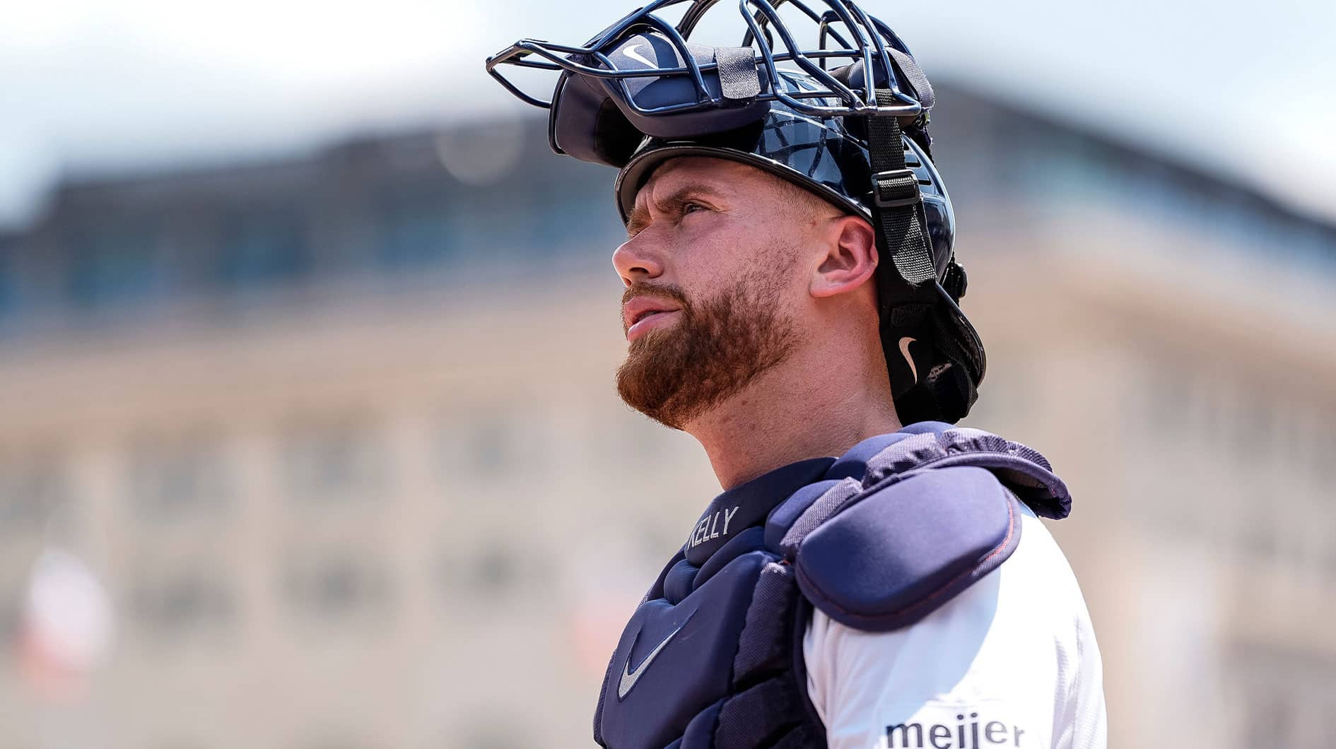 Detroit Tigers catcher Carson Kelly (15) looks on as he walks off the field after top of the fifth inning against L. A. Dodgers at Comerica Park in Detroit on Saturday, July 13, 2024.