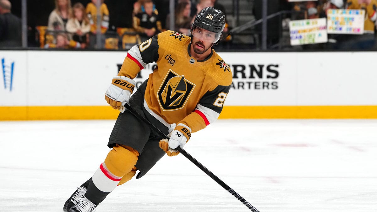 Vegas Golden Knights center Chandler Stephenson (20) warms up before the start of game six against the Dallas Stars in the first round of the 2024 Stanley Cup Playoffs at T-Mobile Arena.