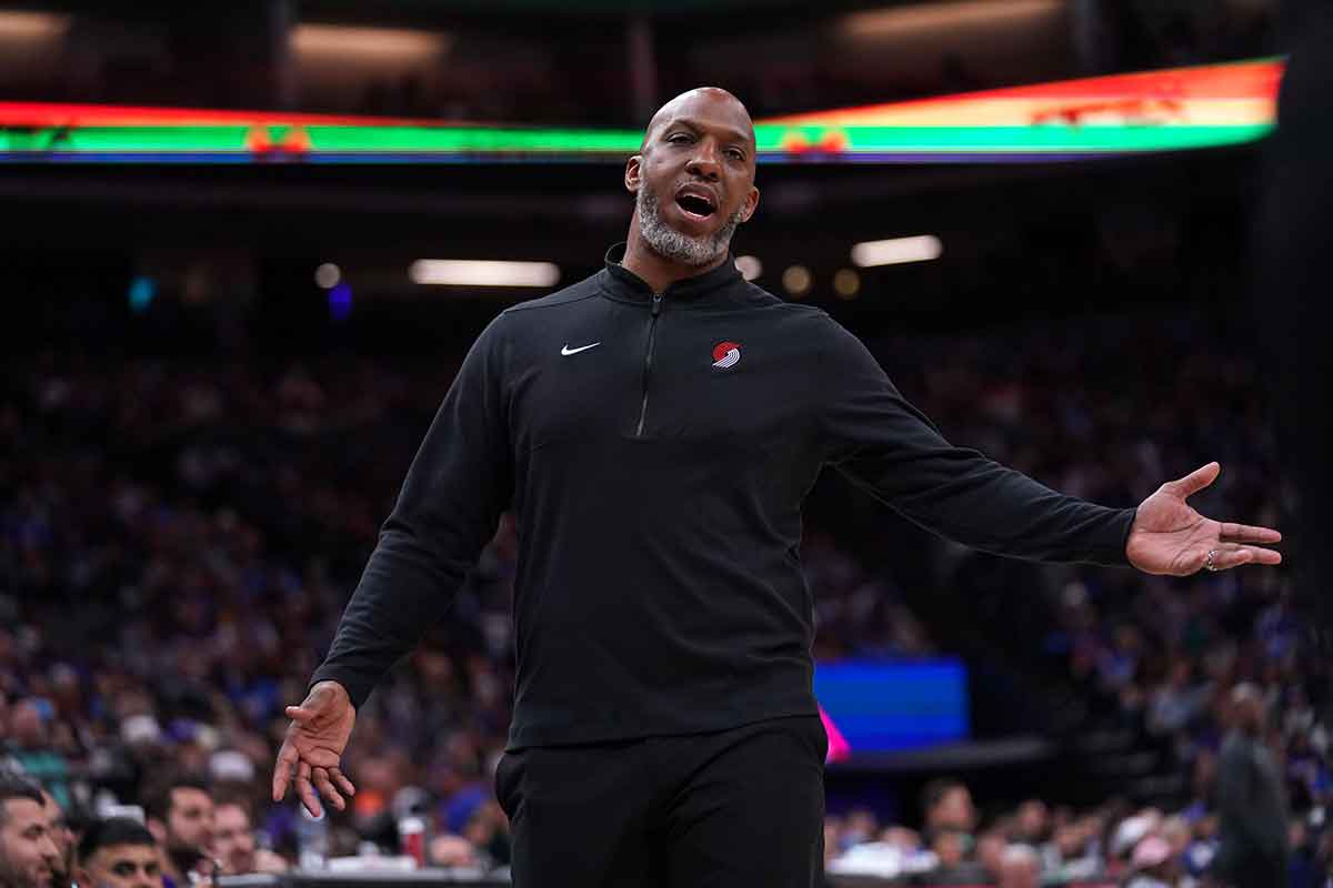 Portland Trail Blazers head coach Chauncey Billups talks to a referee after a play against the Sacramento Kings in the fourth quarter at the Golden 1 Center.