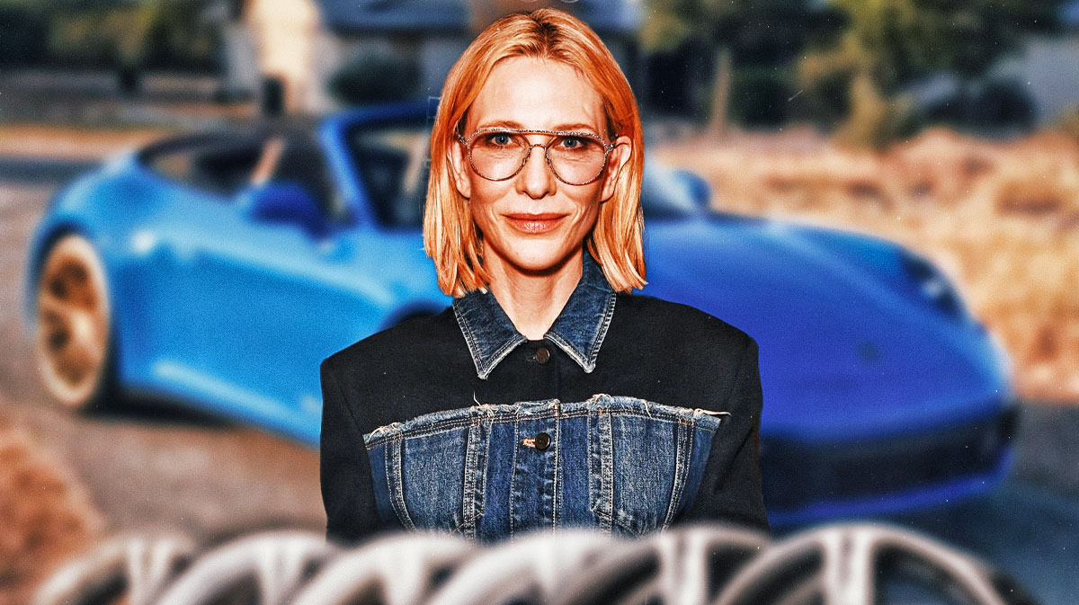 Cate Blanchett in front of a car from her collection.