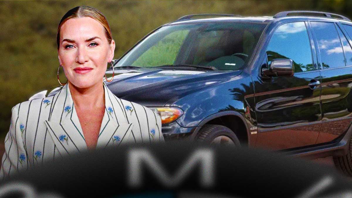 Kate Winslet in front of a car from her collection.