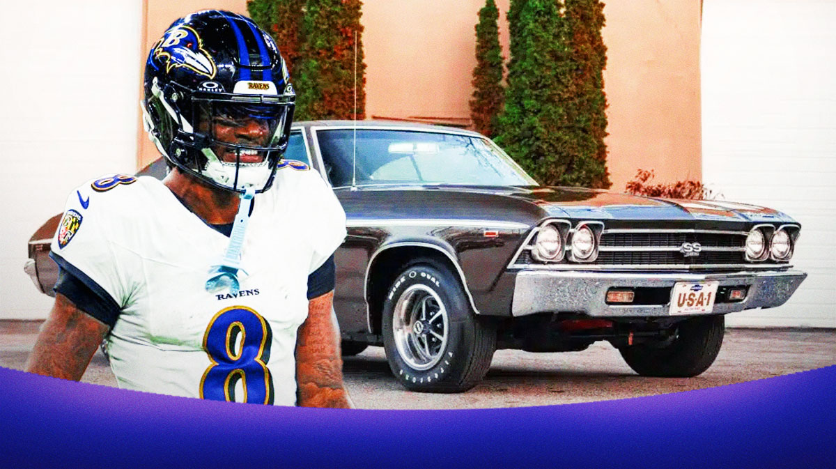 Lamar Jackson in front of a car from his collection.