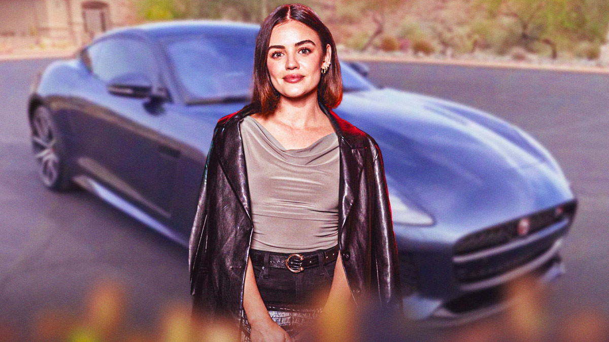 Lucy Hale in front of a car from her collection.