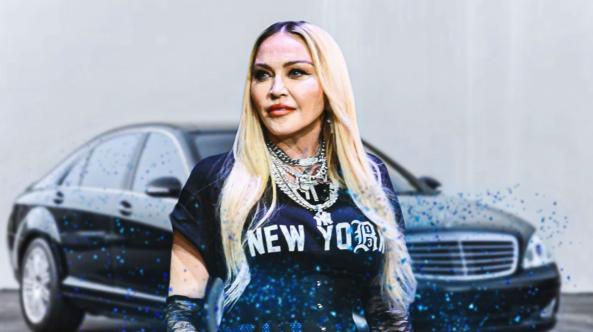 Madonna in front of a car from her collection.