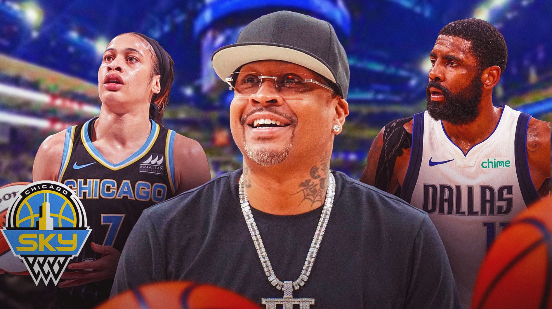 Sky's Chennedy Carter stands next to Allen Iverson, Mavericks' Kyrie Irving