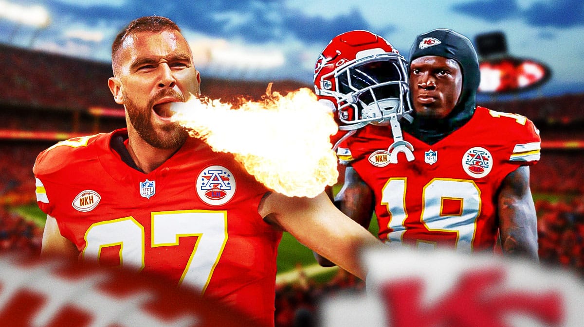 Chiefs Travis Kelce breathing fire in front. Chiefs Kadarius Toney in background.