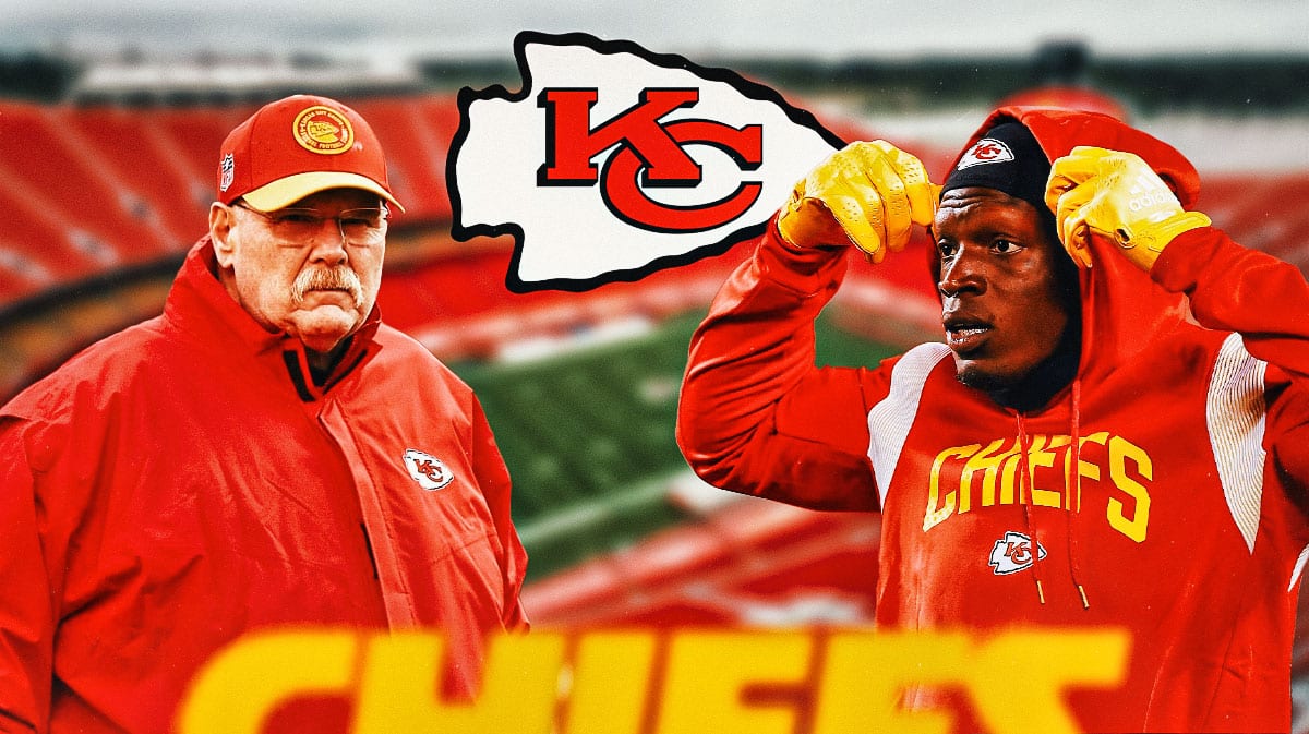 IMAGE: Kansas City Chiefs logo in center, Chiefs head coach Andy Reid on left side, Chiefs receiver Kadarius Toney on right side.