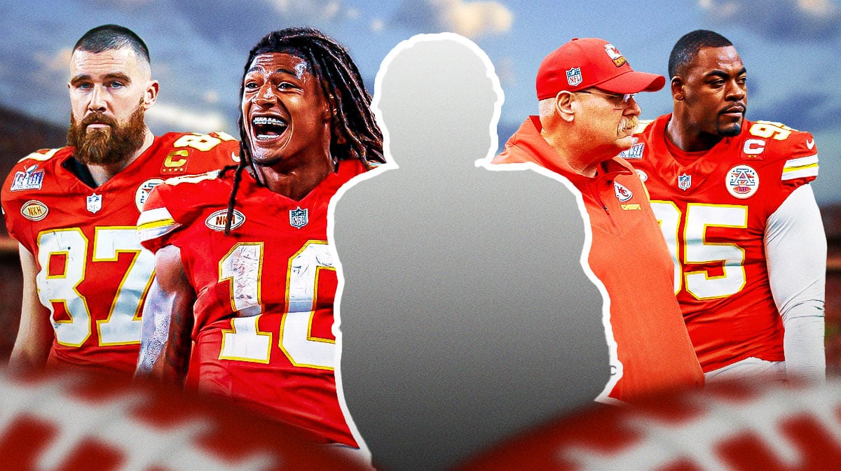 Chiefs' Isiah Pacheco, Travis Kelce, Andy Reid, and Chris Jones around a silhouette of Patrick Mahomes.