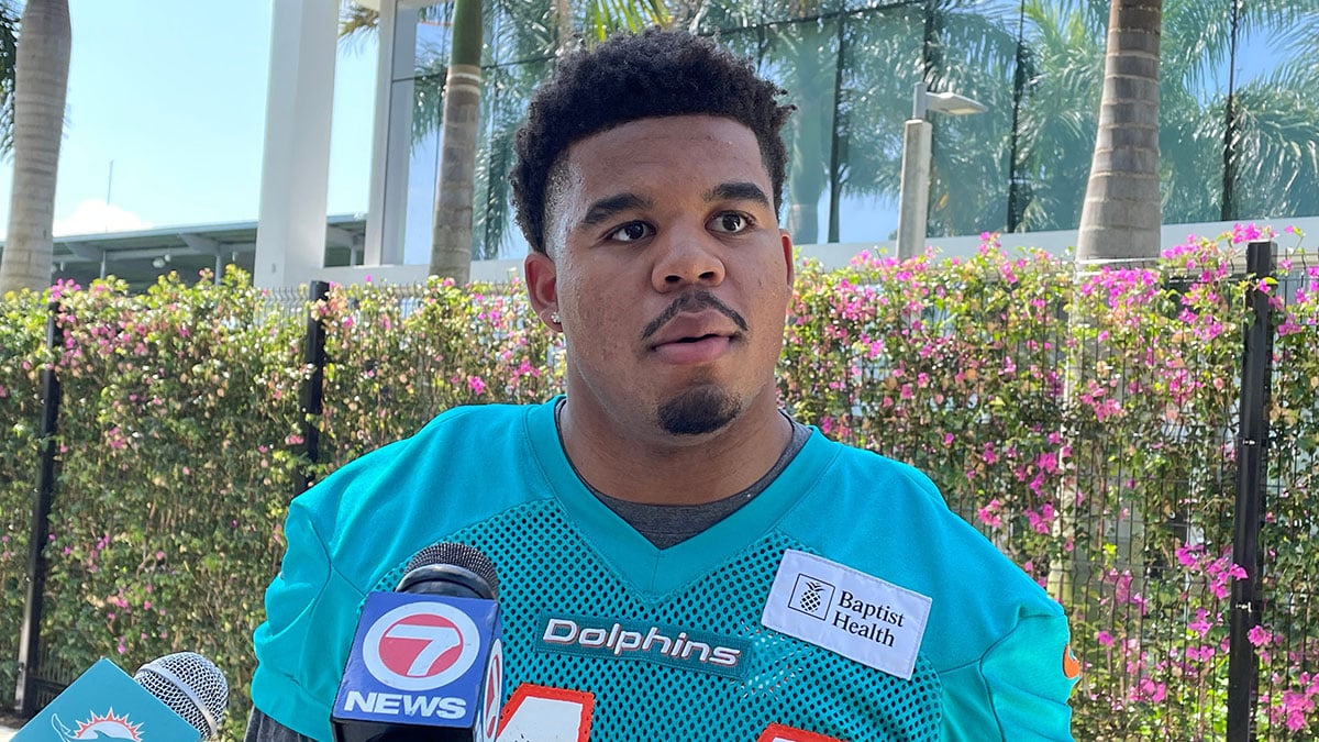 Edge rusher Chop Robinson, the Dolphins' first-round draft pick, meets with reporters on May 10, 2024.