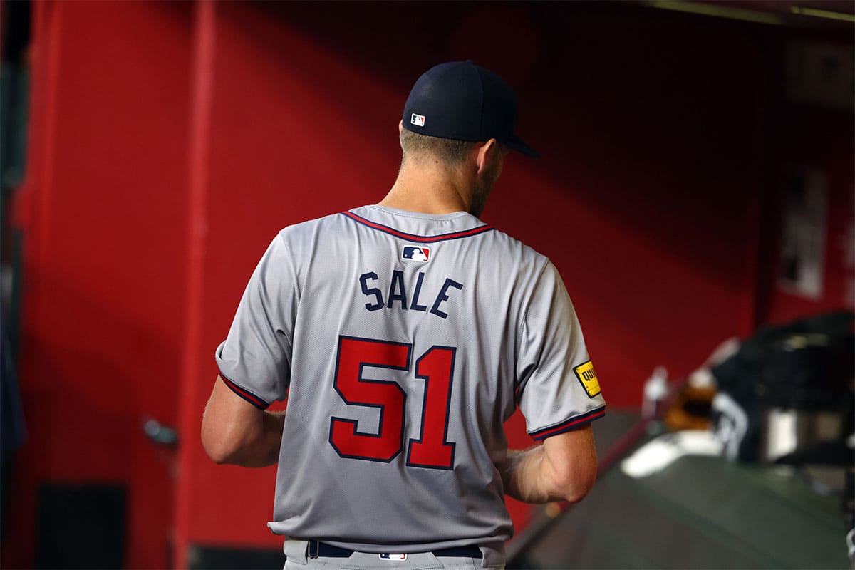 Detailed view of the jersey of Atlanta Braves pitcher Chris Sale (51) against the Arizona Diamondbacks at Chase Field.