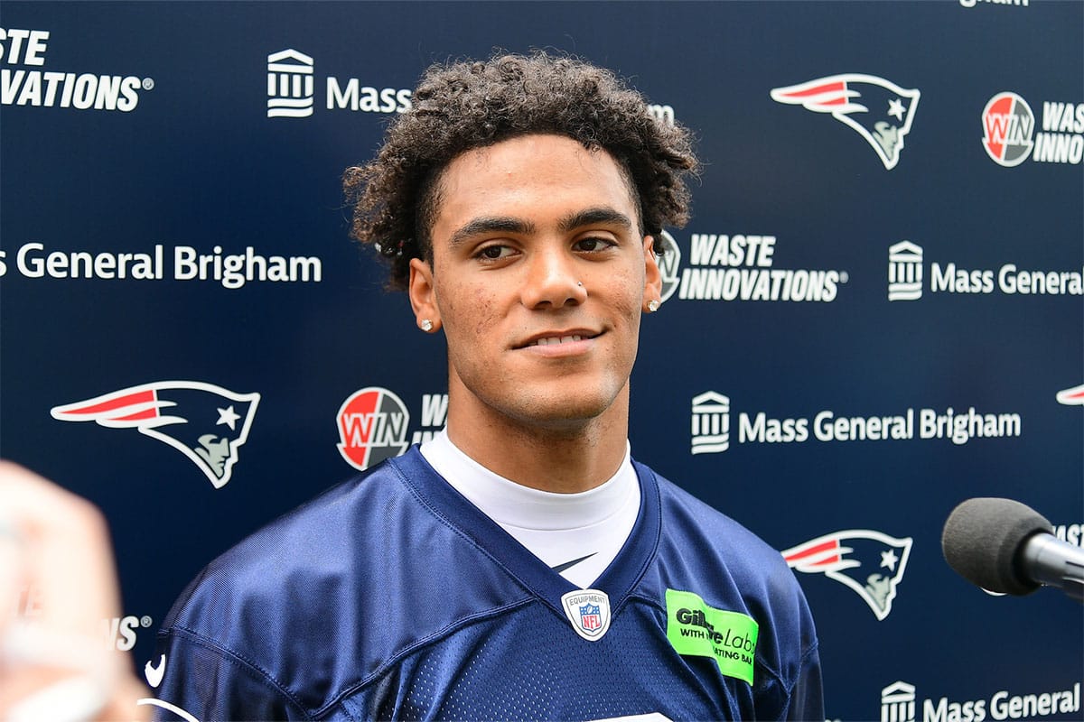 New England Patriots cornerback Christian Gonzalez (0) speaks to the media during press availability at minicamp at Gillette Stadium.