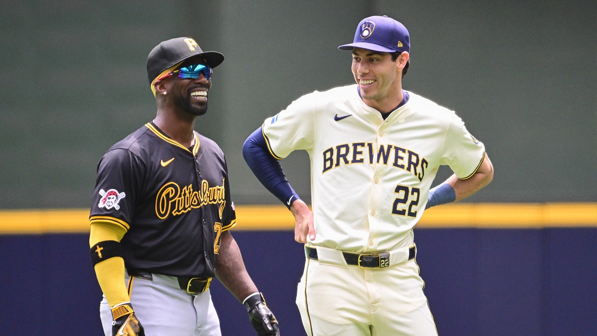 Christian Yelich shared a laugh with an opposing player. 
