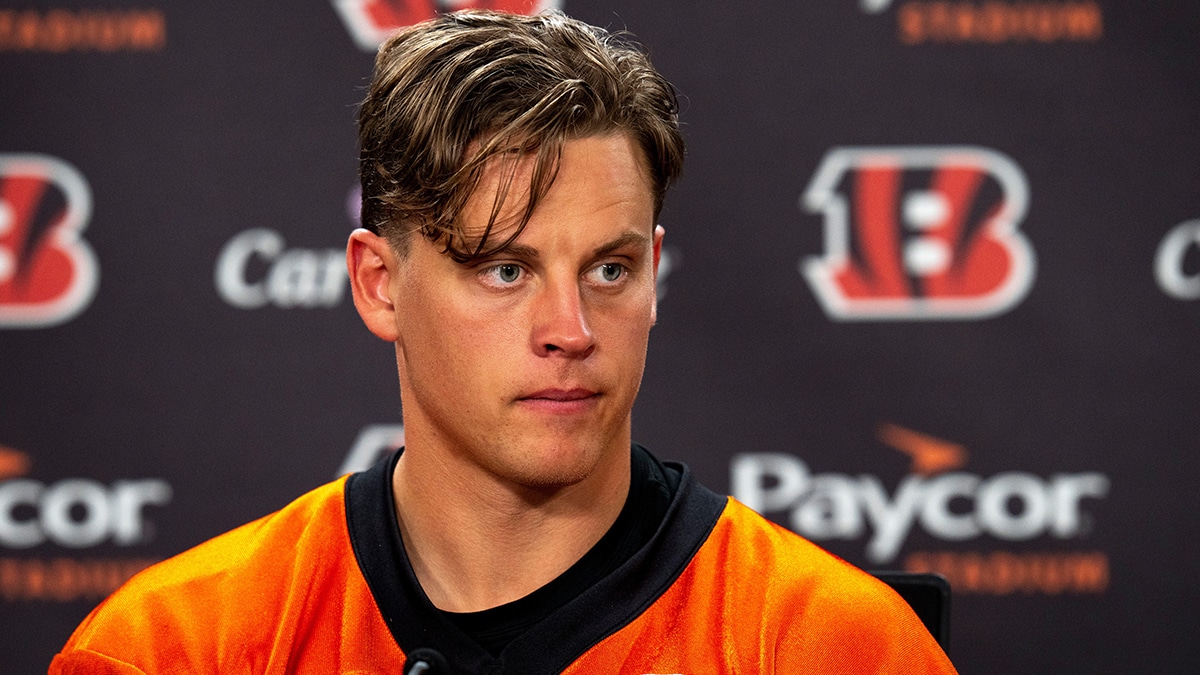 Cincinnati Bengals quarterback Joe Burrow (9) looks on during a press conference after at the IEL Indoor Facility in Cincinnati on Tuesday, June 11, 2024