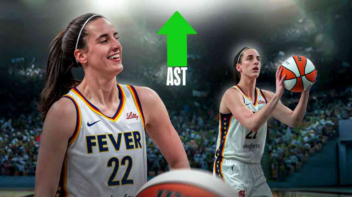 Caitlin Clark smiling and shooting the ball with an assist upward trend