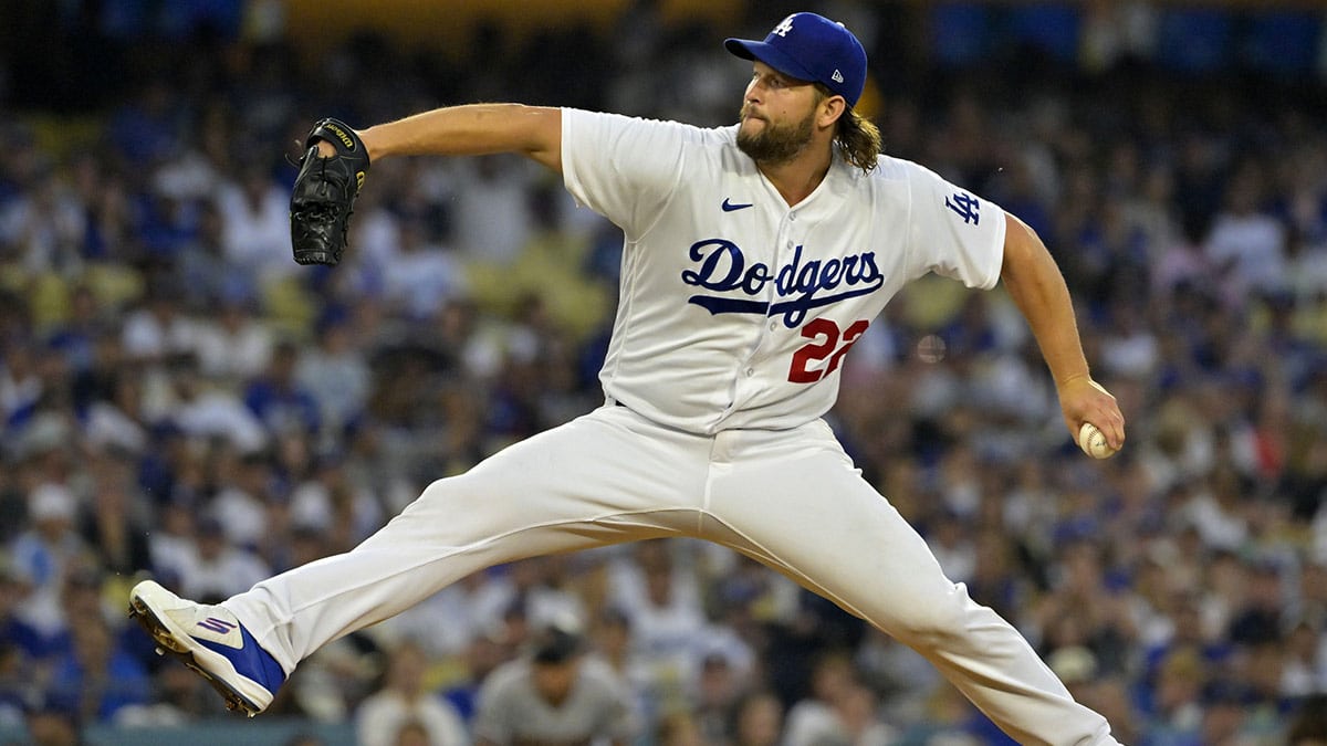  Los Angeles Dodgers starting pitcher Clayton Kershaw (22) throws a pitch in the first inning for game one of the NLDS for the 2023 MLB playoffs at Dodger Stadium. 