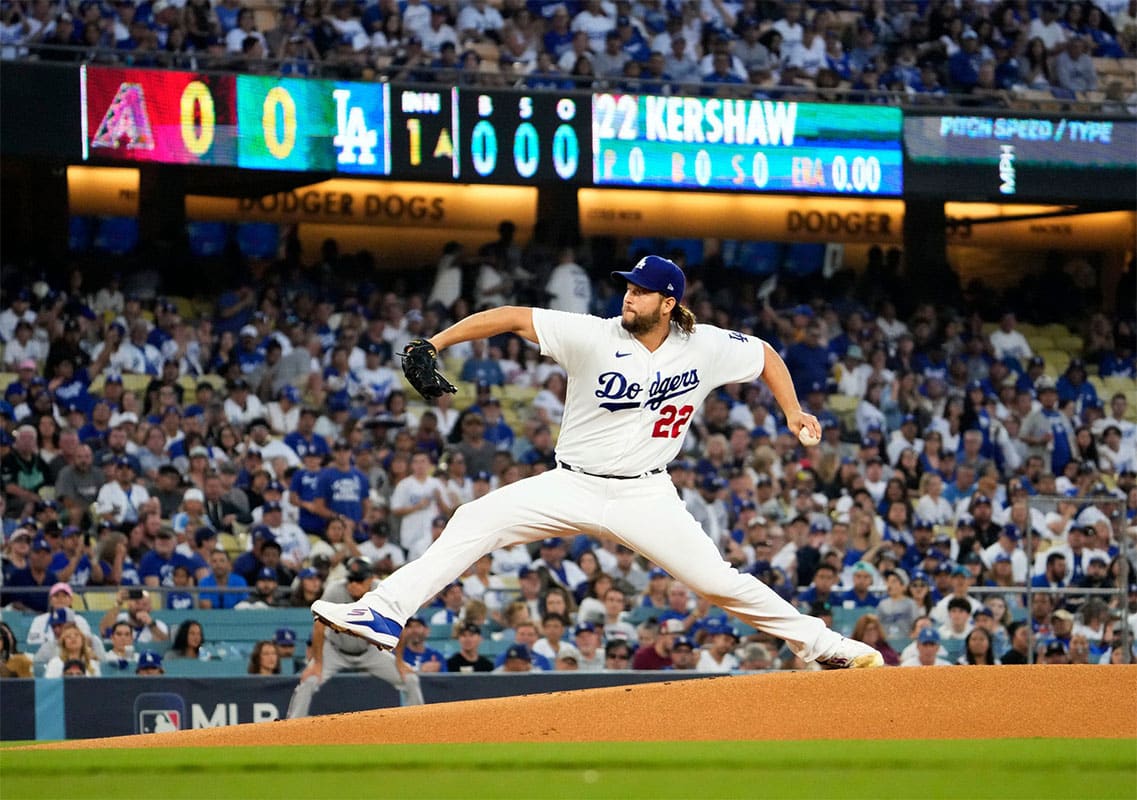 Los Angeles Dodgers starting pitcher Clayton Kershaw (22) throws to the Arizona Diamondbacks in the first inning during Game 1 of the NLDS at Dodger Stadium in Los Angeles on Oct. 7, 2023.