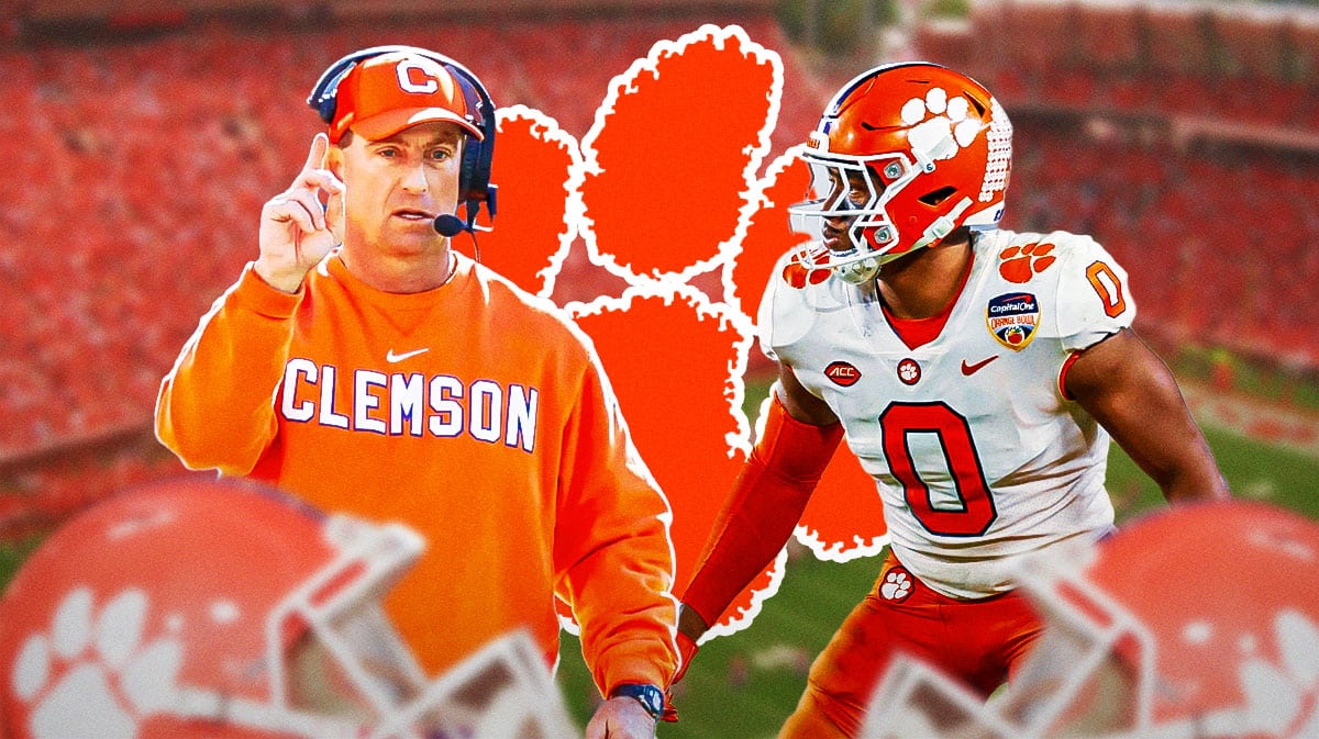 Celmson football coach Dabo Swinney next to Celmson logo looking at Barrett Carter