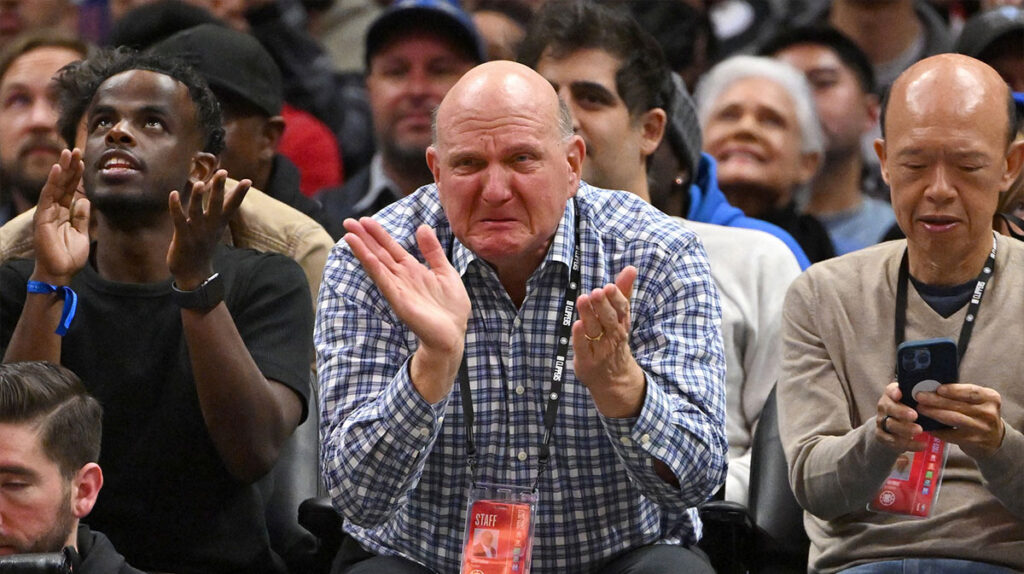Los Angeles Clippers owner Steve Ballmer react after a basket against the Utah Jazz in the second half at Crypto.com Arena. 