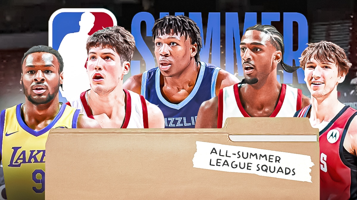 Bronny James, Reed Sheppard, GG Jackson, Alex Sarr and Matas Buzelis in front of a folder that says All Summer League Squads