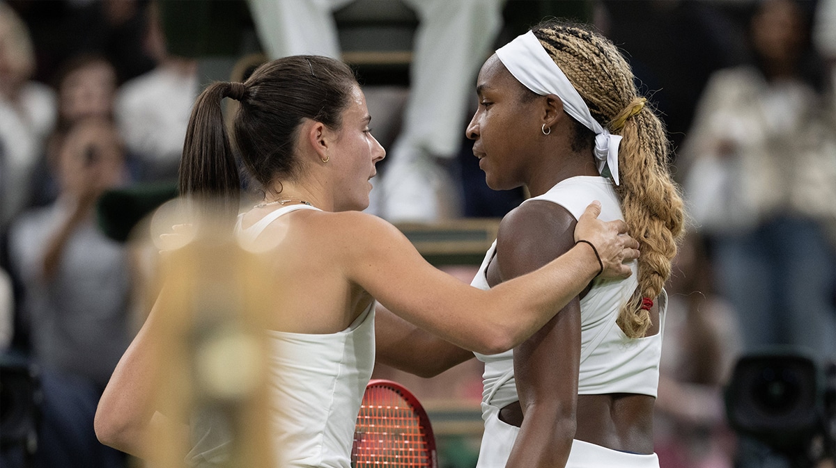 Emma Navarro of the United States hugs Coco Gauff of the United States after their match on day seven of The Championships.