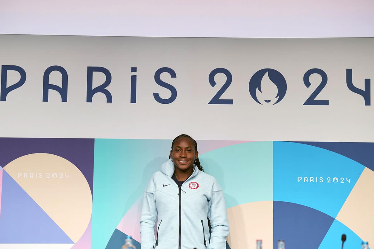 USA opening ceremonies female flag bearer Coco Gauff at a press conference at the Paris 2024 Olympics main press center at the Palais des congres de Paris.