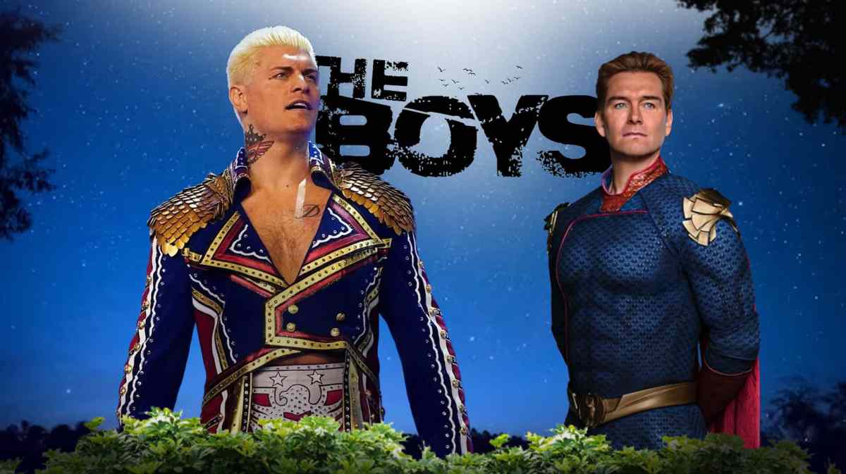 Cody Rhodes in his entrance gear next to Homelander with The Boys logo as the background image.