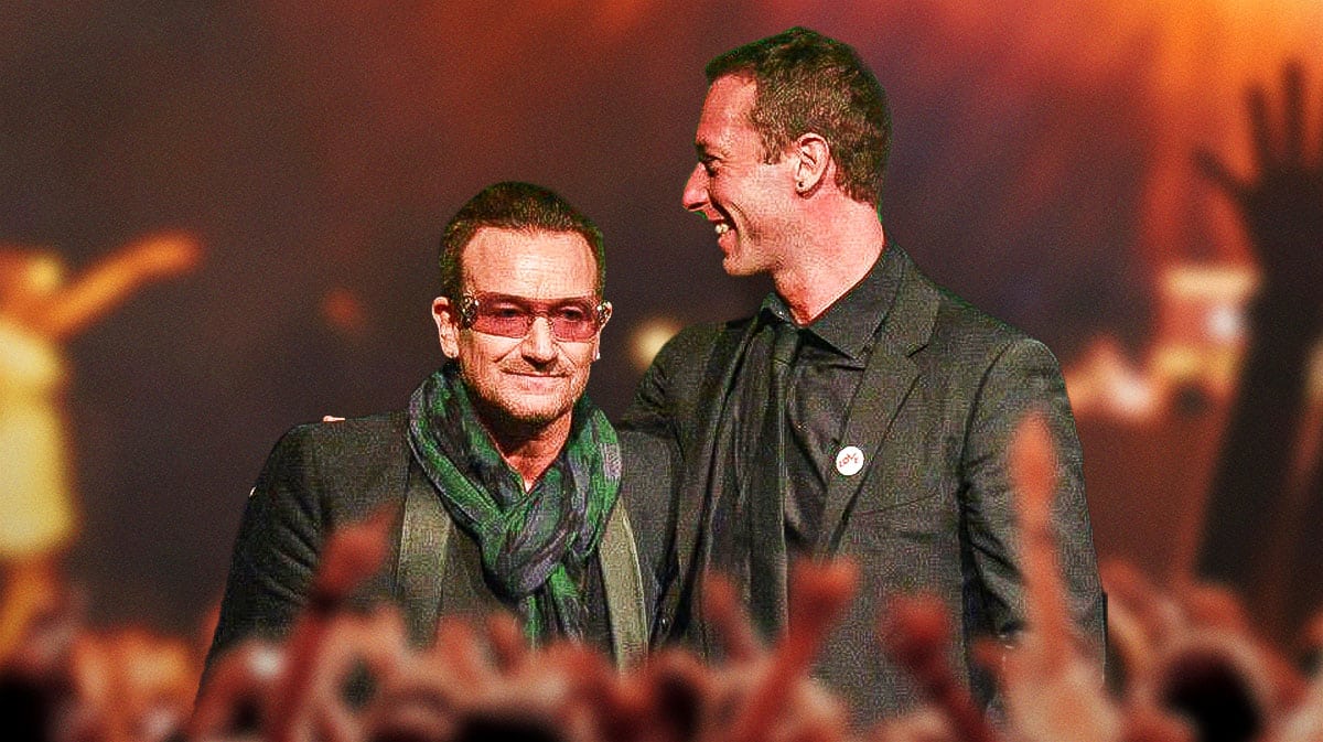 U2 singer Bono with Coldplay singer Chris Martin, who shouted out the former during a performance on the Music of the Spheres Tour.