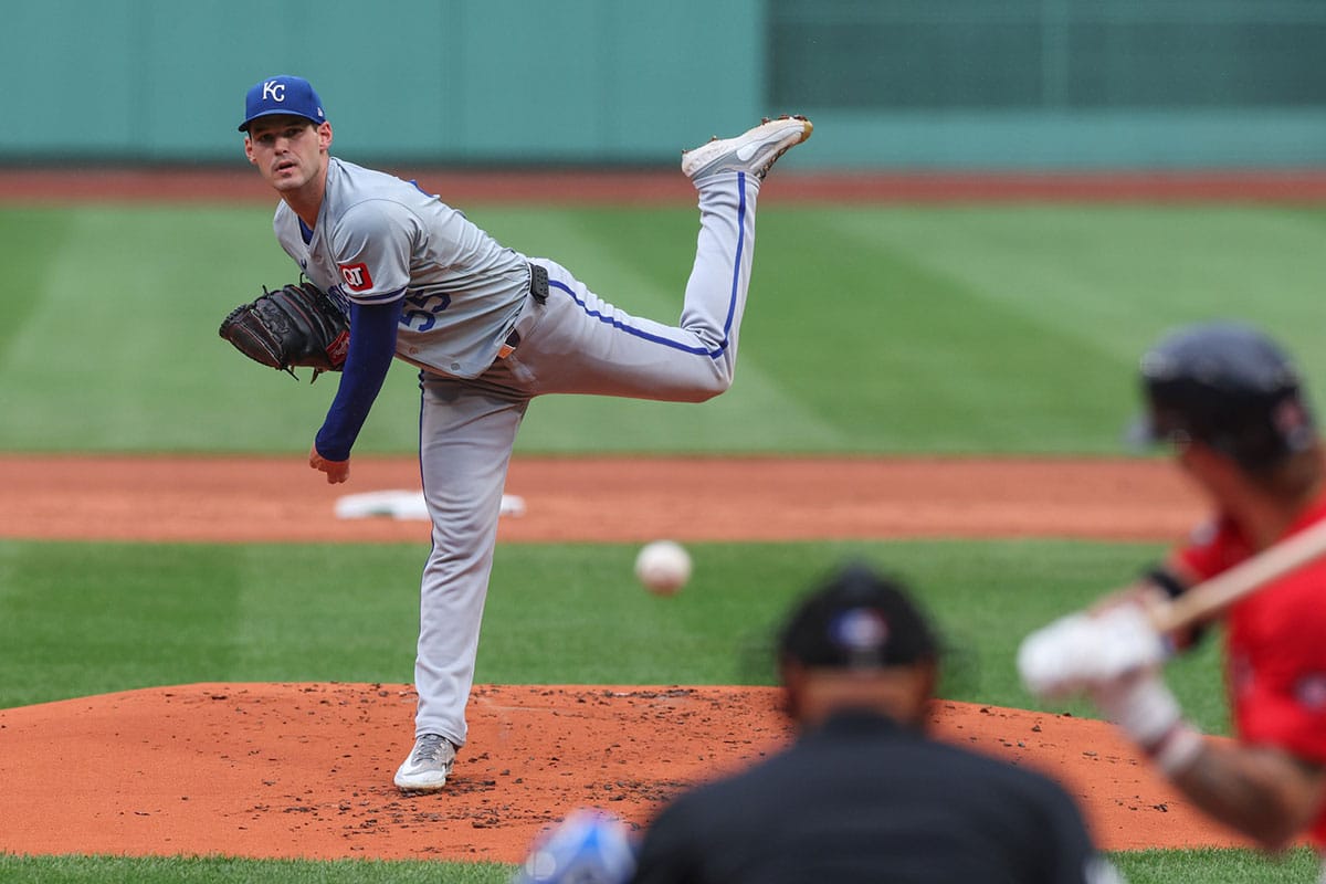 Kansas City Royals starting pitcher Cole Ragans (55) throws a pitch during the first inning against the Boston Red Sox at Fenway Park.