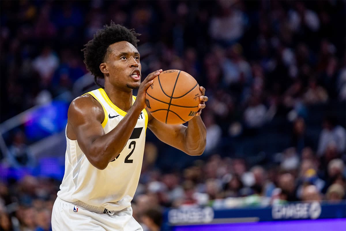 Utah Jazz guard Collin Sexton (2) shoots a technical free throw during the third quarter against the Golden State Warriors at Chase Center.