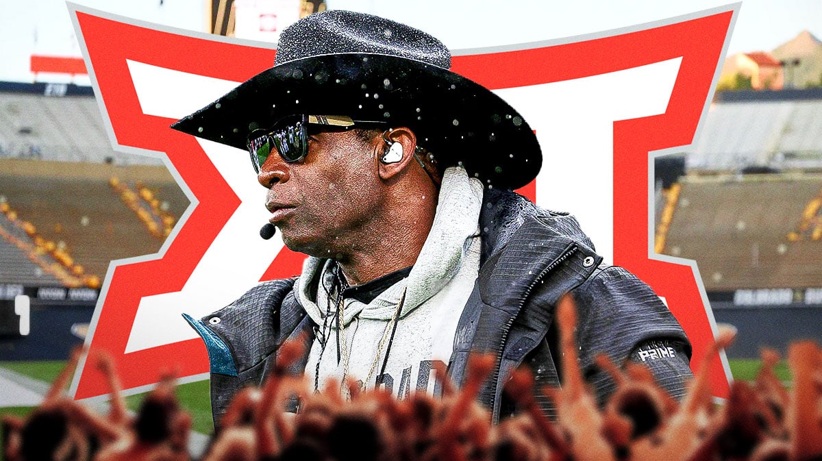 Deion Sanders, Colorado football, Buffaloes, Big 12 media days, Brett Yormark, Deion Sanders and Big 12 logo with Colorado football stadium in the background