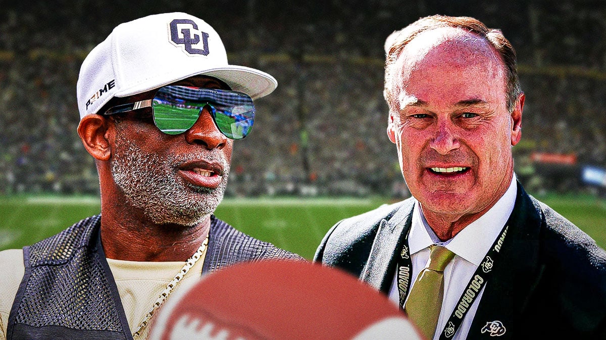 Colorado football, Deion Sanders, Buffaloes, North Dakota State football, Big 12 media days, Deion Sanders and Rick George with Colorado football stadium in the background