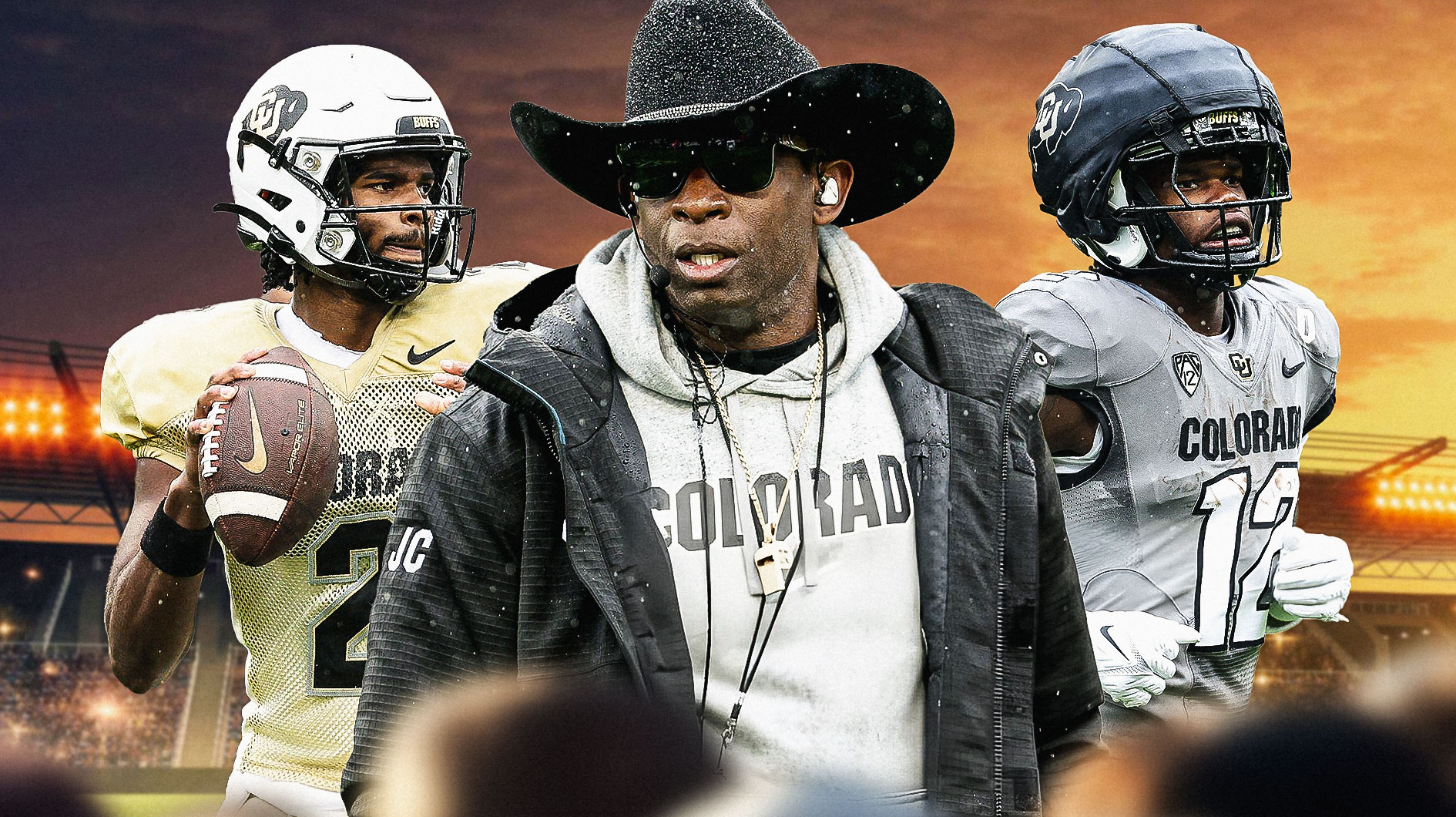 Colorado football's Deion Sanders, Shedeur Sanders and Travis Hunter.