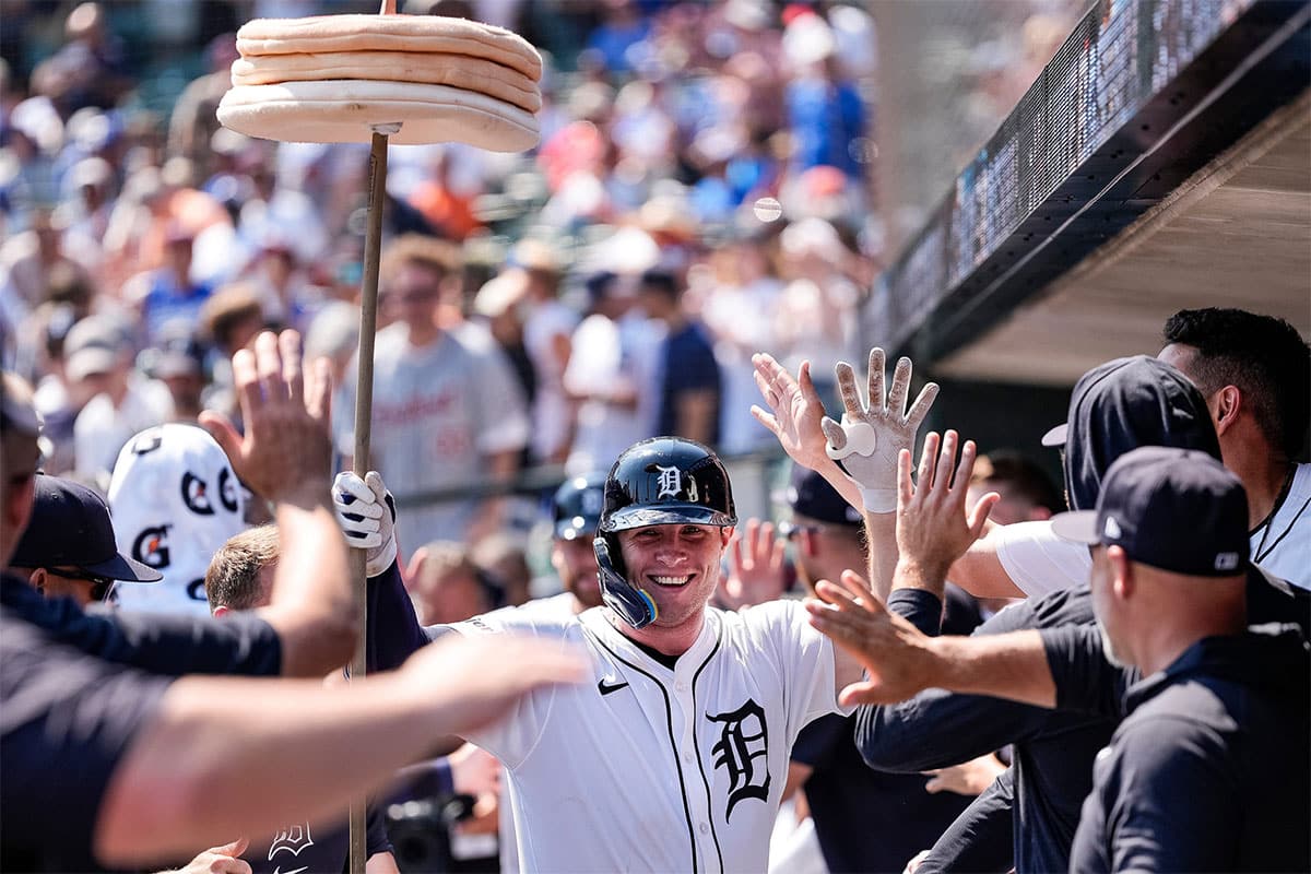Detroit Tigers second base Colt Keith (33) celebrates a home run that tied the game 9-9 against L. A. Dodgers during the ninth inning at Comerica Park in Detroit on Saturday, July 13, 2024.
