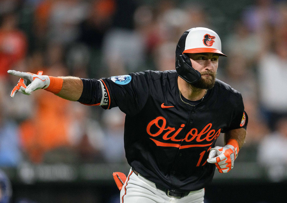 Jul 29, 2024; Baltimore, Maryland, USA; Baltimore Orioles outfielder Colton Cowser (17) reacts after hitting a home run during the first inning against the Toronto Blue Jays at Oriole Park at Camden Yards. 