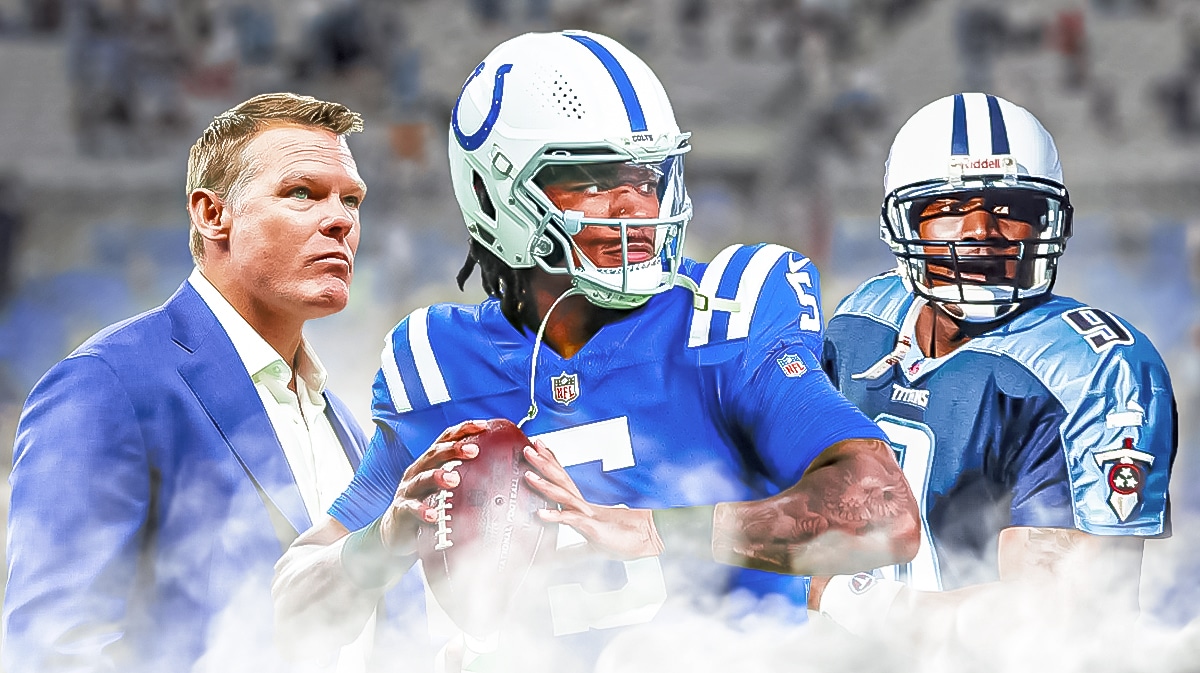 Chris Ballard looking at Anthony Richardson in a Colts uniform. Steve McNair in a Titans uniform