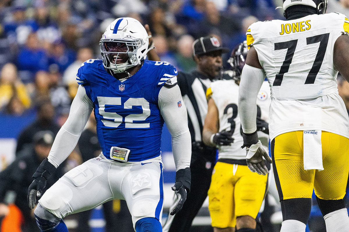 ndianapolis Colts defensive end Samson Ebukam (52) celebrates a sack in the second half against the Pittsburgh Steelers at Lucas Oil Stadium. 
