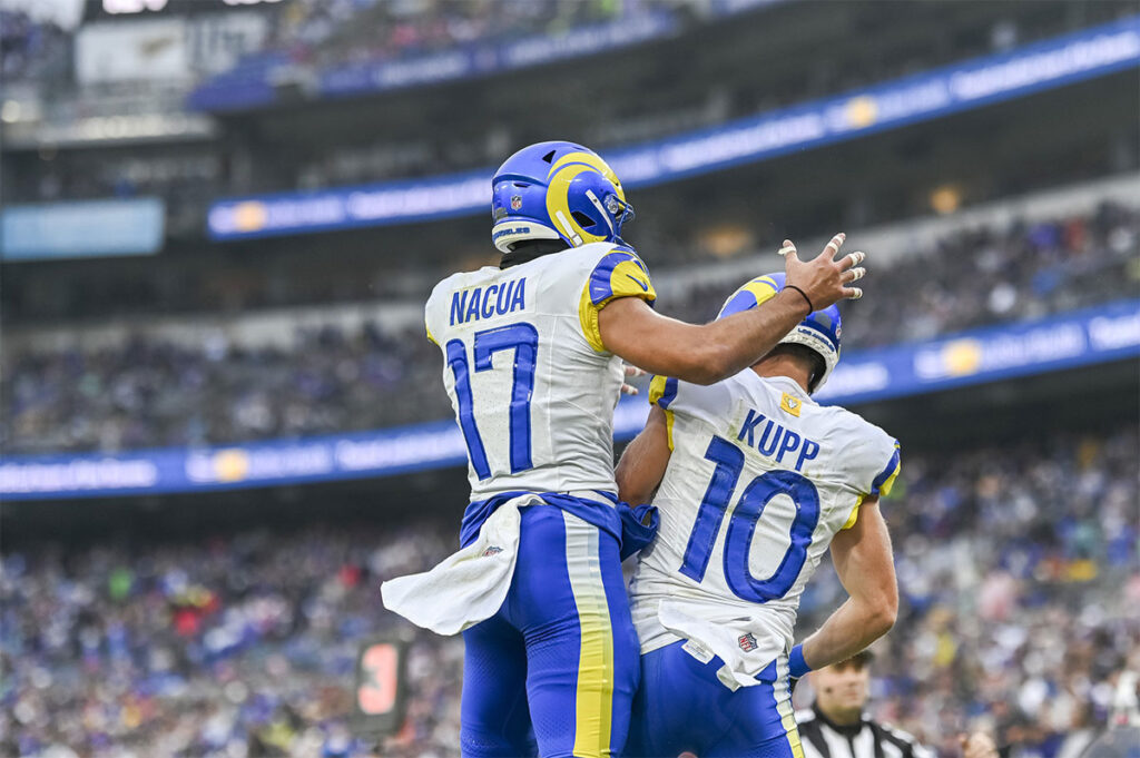 Los Angeles Rams wide receiver Cooper Kupp (10) celebrates with wide receiver Puka Nacua (17) after scoring a second quarter touchdown during the at M&T Bank Stadium