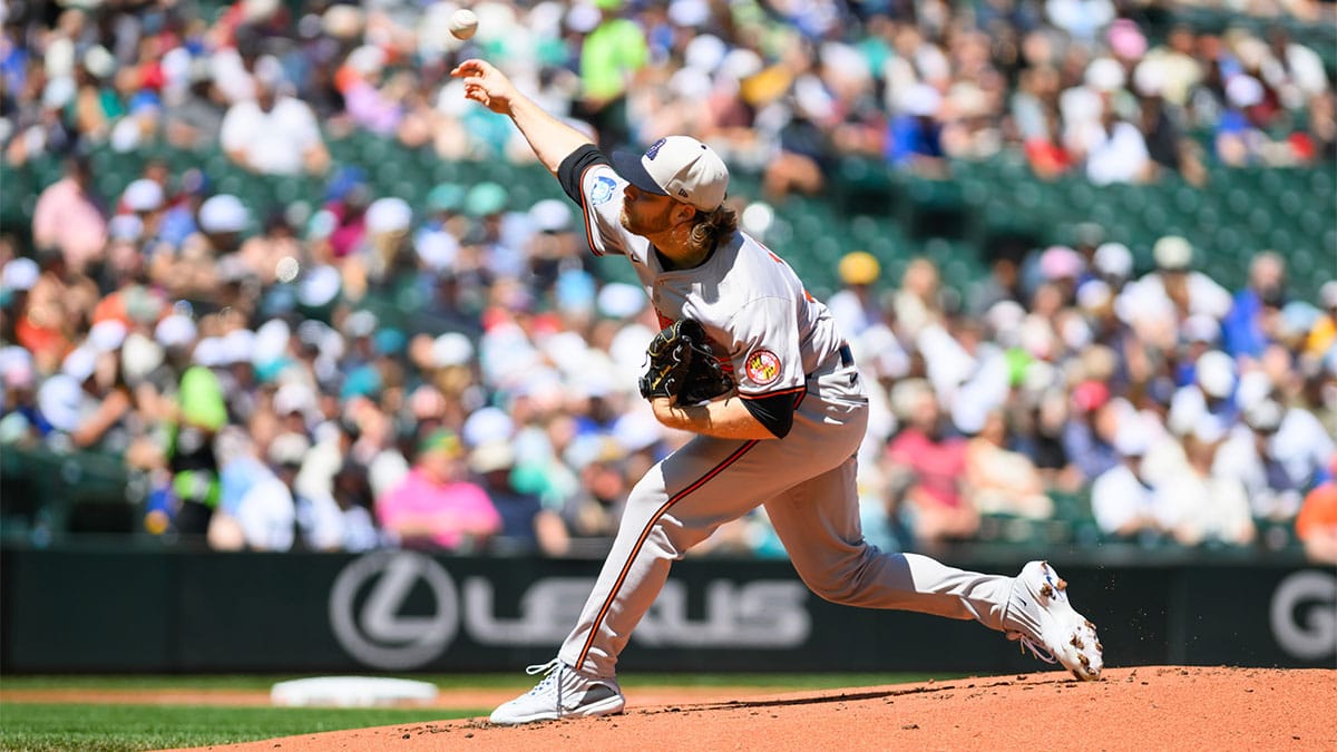 Baltimore Orioles starting pitcher Corbin Burnes (39) pitches to the Seattle Mariners during the first inning at T-Mobile Park.