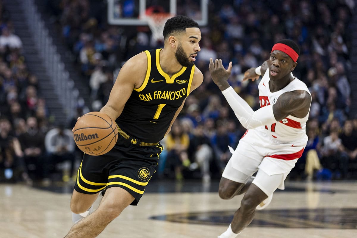 Golden State Warriors guard Cory Joseph (1) drives past Toronto Raptors guard Dennis Schroder (17) during the first half at Chase Center. 