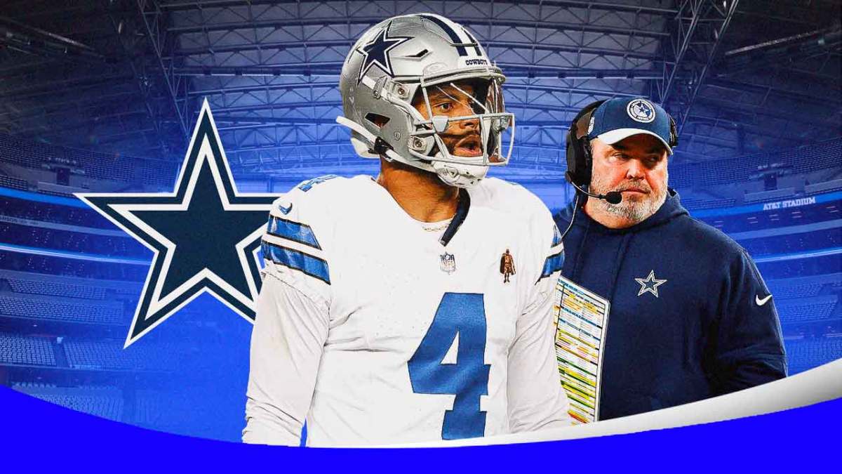 Dallas Cowboys logo in center, Cowboys quarterback Dak Prescott on left side, Cowboys head coach Mike McCarthy on right side, AT&T Stadium (home stadium of the Dallas Cowboys) in background