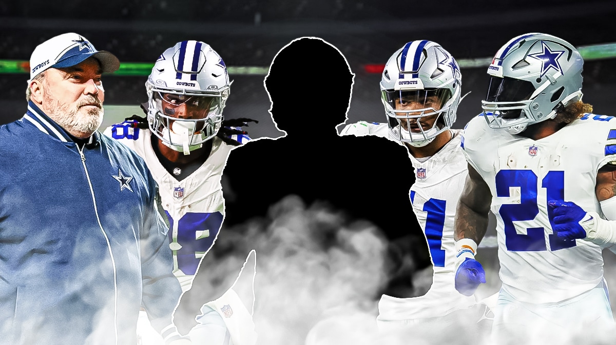 Cowboys Mike McCarthy, CeeDee Lamb, Micah Parsons, and Ezekiel Elliott around a silhouette of Dak Prescott
