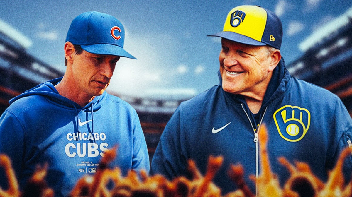 Chicago Cubs manager Craig Counsell looking frustrated. Milwaukee Brewers manager Pat Murphy smiling behind him, Brewers fans cheering in the background.