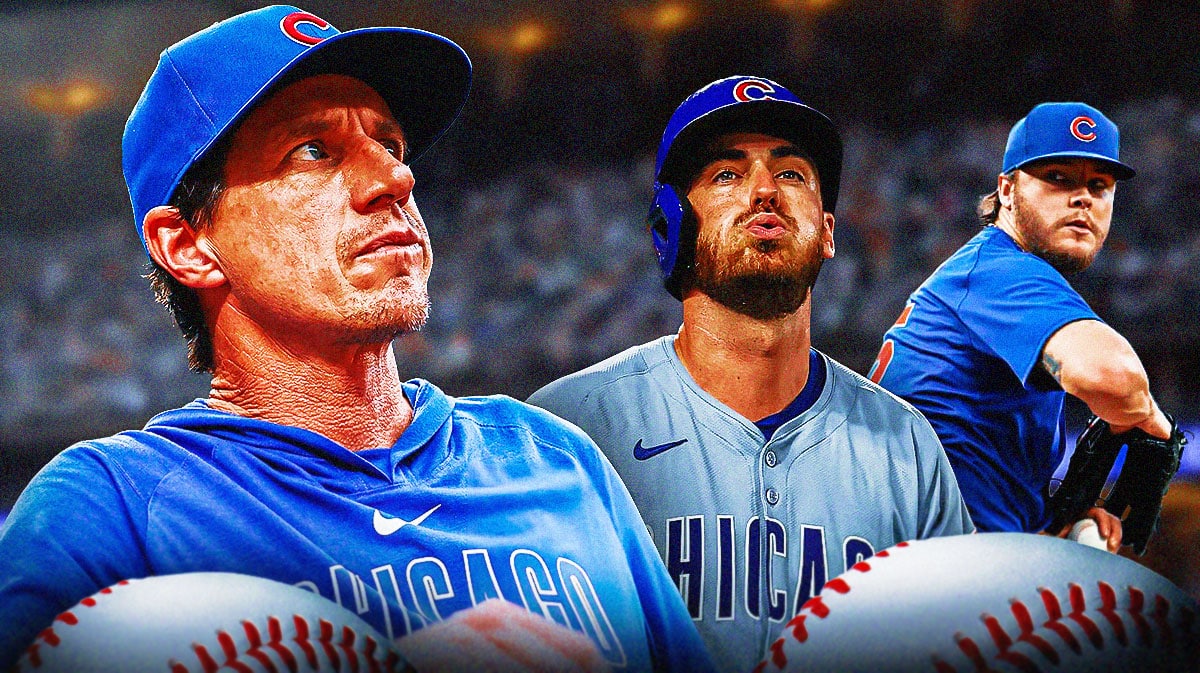 Cubs Craig Counsell looking serious in front. Cubs Cody Bellinger swinging a baseball bat on left, Cubs Justin Steele pitching a baseball on right. Wrigley Field background.