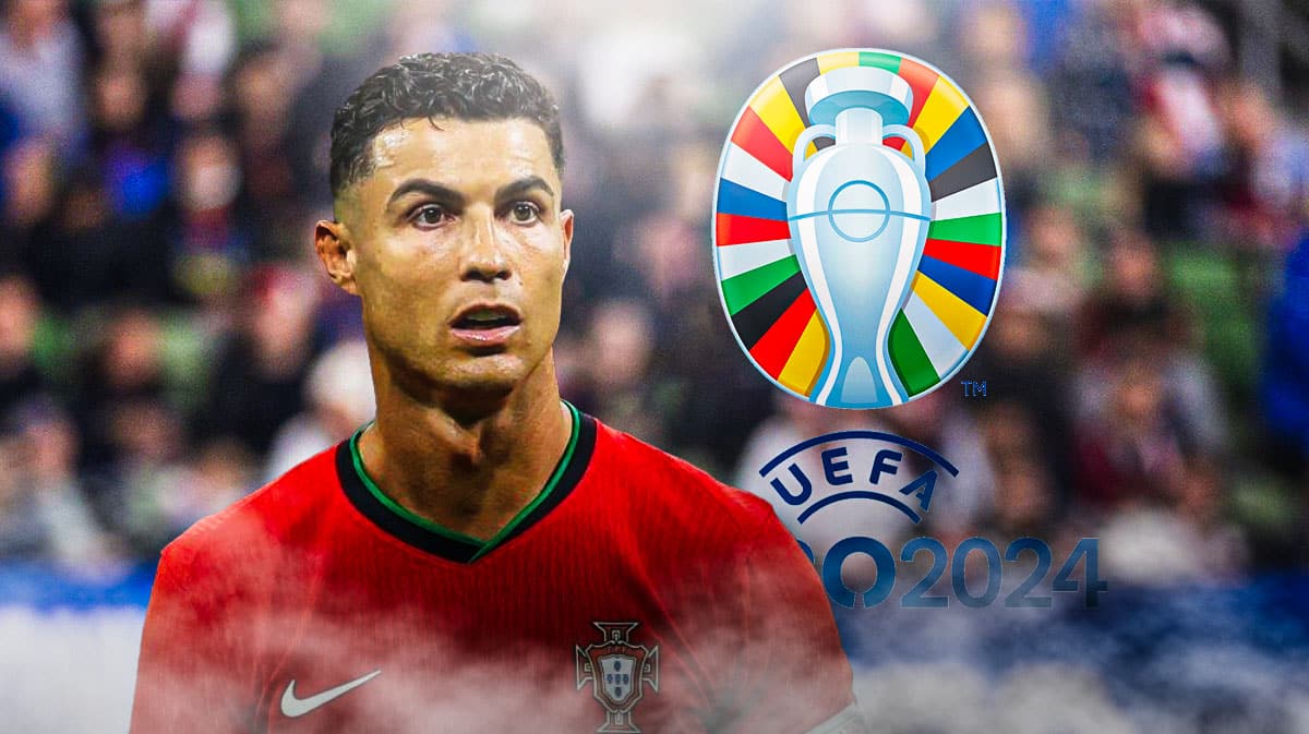 Cristiano Ronaldo looking sad/down in front of the Euro 2024 logo
