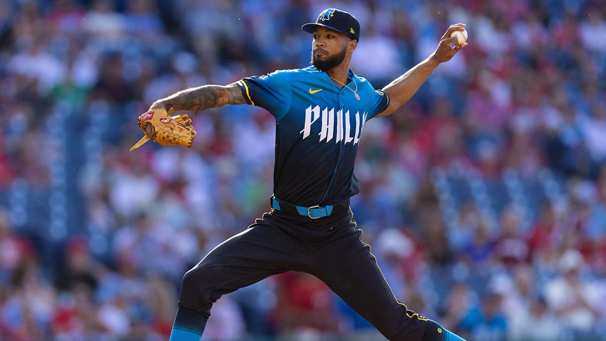 Jun 28, 2024; Philadelphia, Pennsylvania, USA; Philadelphia Phillies pitcher Cristopher Sánchez (61) throws a pitch during the first inning against the Miami Marlins at Citizens Bank Park.