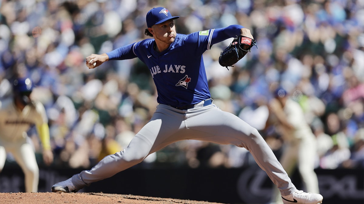 Toronto Blue Jays pitcher Nate Pearson (24) throws against the Seattle Mariners during the seventh inning at T-Mobile Park.
